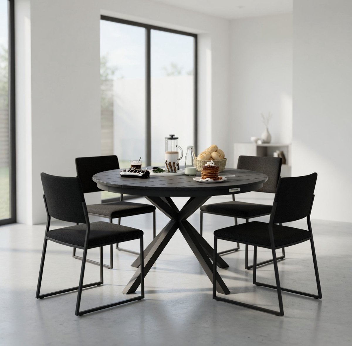 Ronde Tuintafel 118 cm Aluminium Zwart – Weerbestendige Terrastafel met Latten Hout-Kunsts