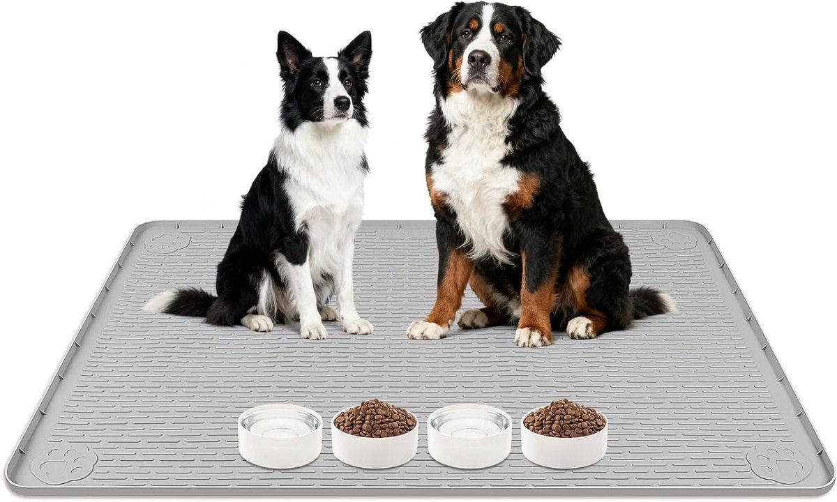 Grote Siliconen Voedingsmat voor Honden 40"x28", Antislip Voedingsmat met Verhoogde Rand, Eenvoudig Schoon te Maken en Vloerbescherming voor Eten en Drinkbakken (Grijs)