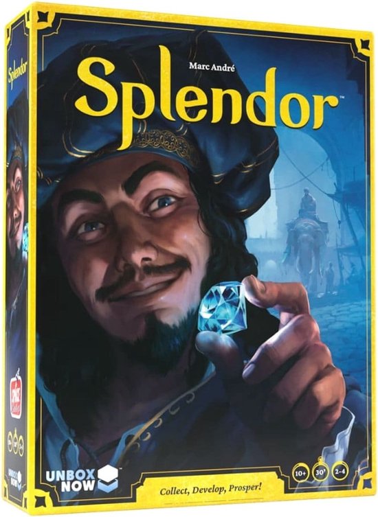 Doos van het bordspel Splendor met een illustratie van een man met een blauwe edelsteen.