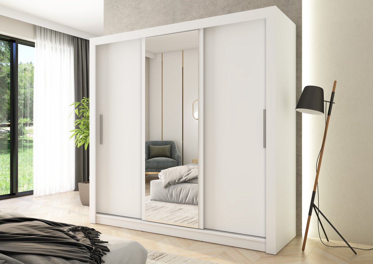 Promeubels - Kledingkast Miami - Wit mat - 205cm - met spiegel - Garderobekast - Slaapkamer - Kast - Schuifdeuren