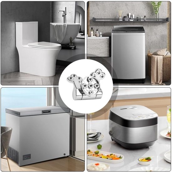 Collage van een toilet, wasmachine, diepvriezer, rijstkoker en een toiletbril scharnier.