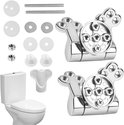 Toiletbril scharnieren met toebehoren naast een toilet.
