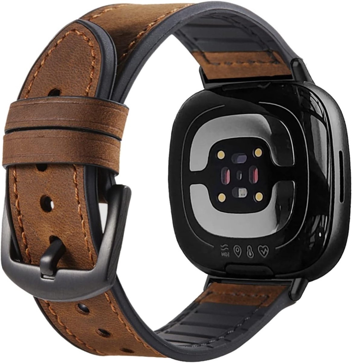 Heren Horlogeband van Echt Leer en Siliconen Voering voor Fitbit Versa 3/4 en Sense 2, Zacht en Zweetbestendig met RVS Sluiting