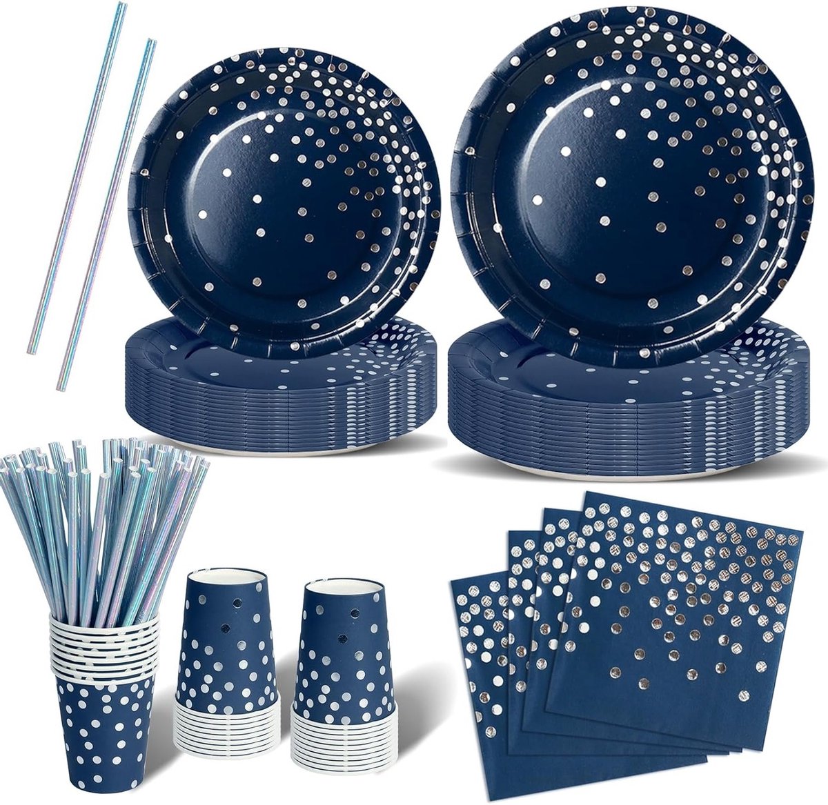 120-delige Navy Blue en Zilver Kinderfeest Servies Set met Borden, Servetten en Bestek voor 24 Gasten - Perfect voor Doop, Bruiloft en Babyshower Decoraties