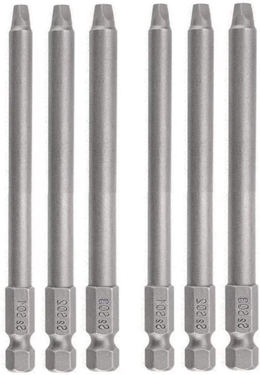 Set van 6 Lange Magnetische Vierkante Schroevendraai Bits met 1/4 Inch Shank voor Power Tools SQ1 SQ2 SQ3 (100mm)