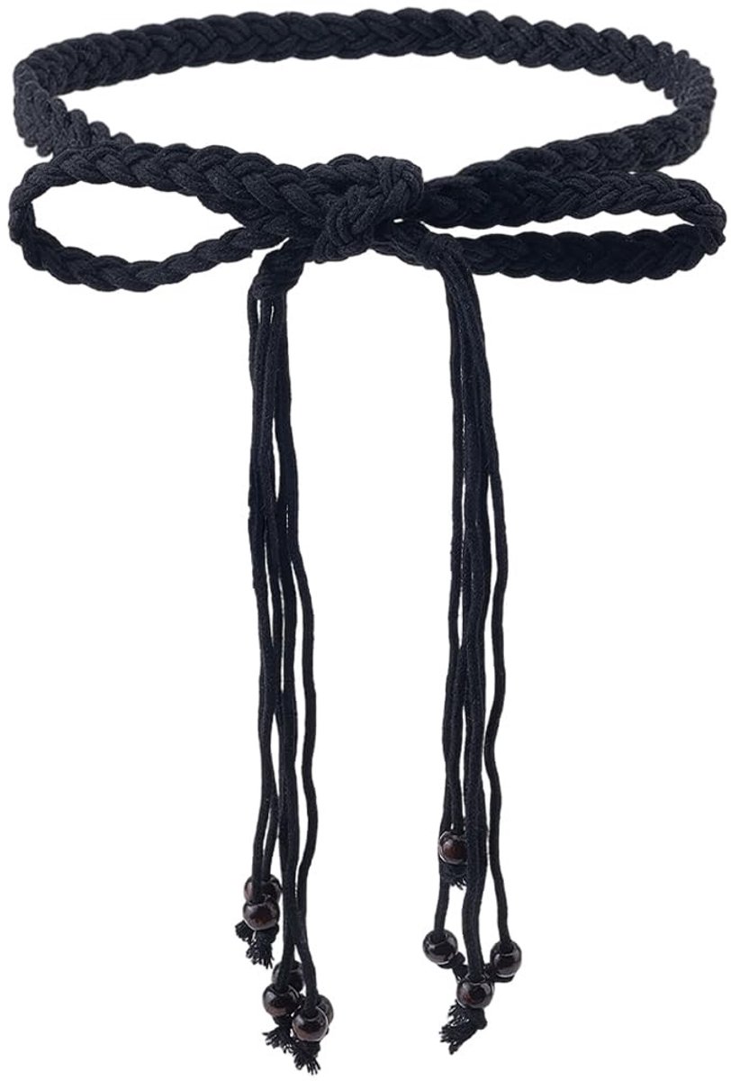 aladdien - Boho Rope Belt - Tailleband met Kwastjes - Dun Gezomen Design - Bruin Met Beads - Trendy Accessoire voor Dames - Perfect voor Casual Outf..