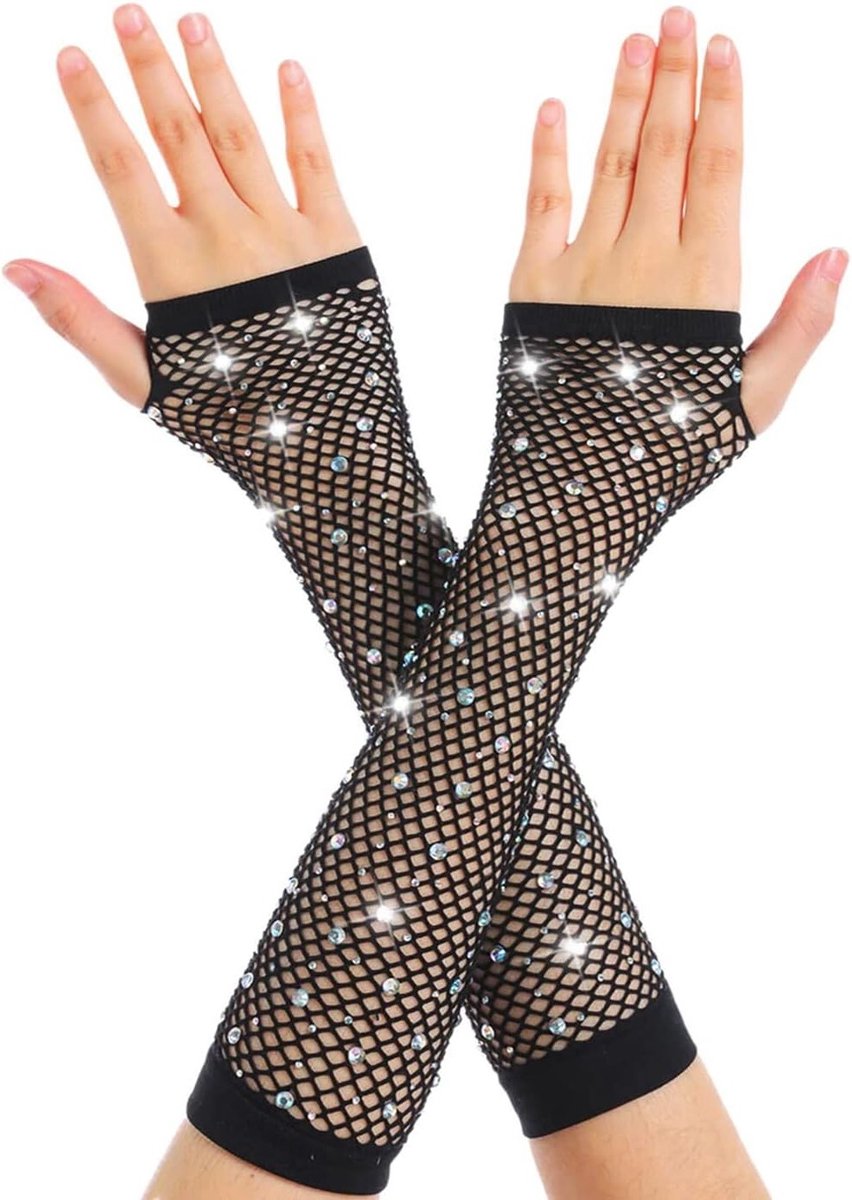 Elegante Vissennet Handschoenen met Strass, Lange Mouwloze Net Handschoenen - Perfect voor Avondkleding, Feestkostuums en Cosplay Accessoires