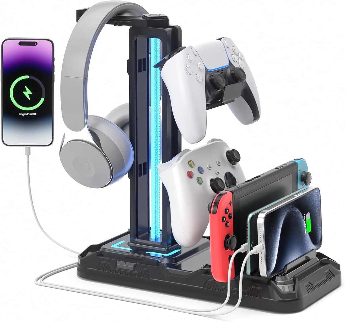 Hoofdtelefoonstandaard met Oplaadstation - Afneembare Controllerhouder met 9 Verlichtingsmodi, Draaibare Hanger en USB Oplaadpoorten voor Gaming Accessoires en Organisatie