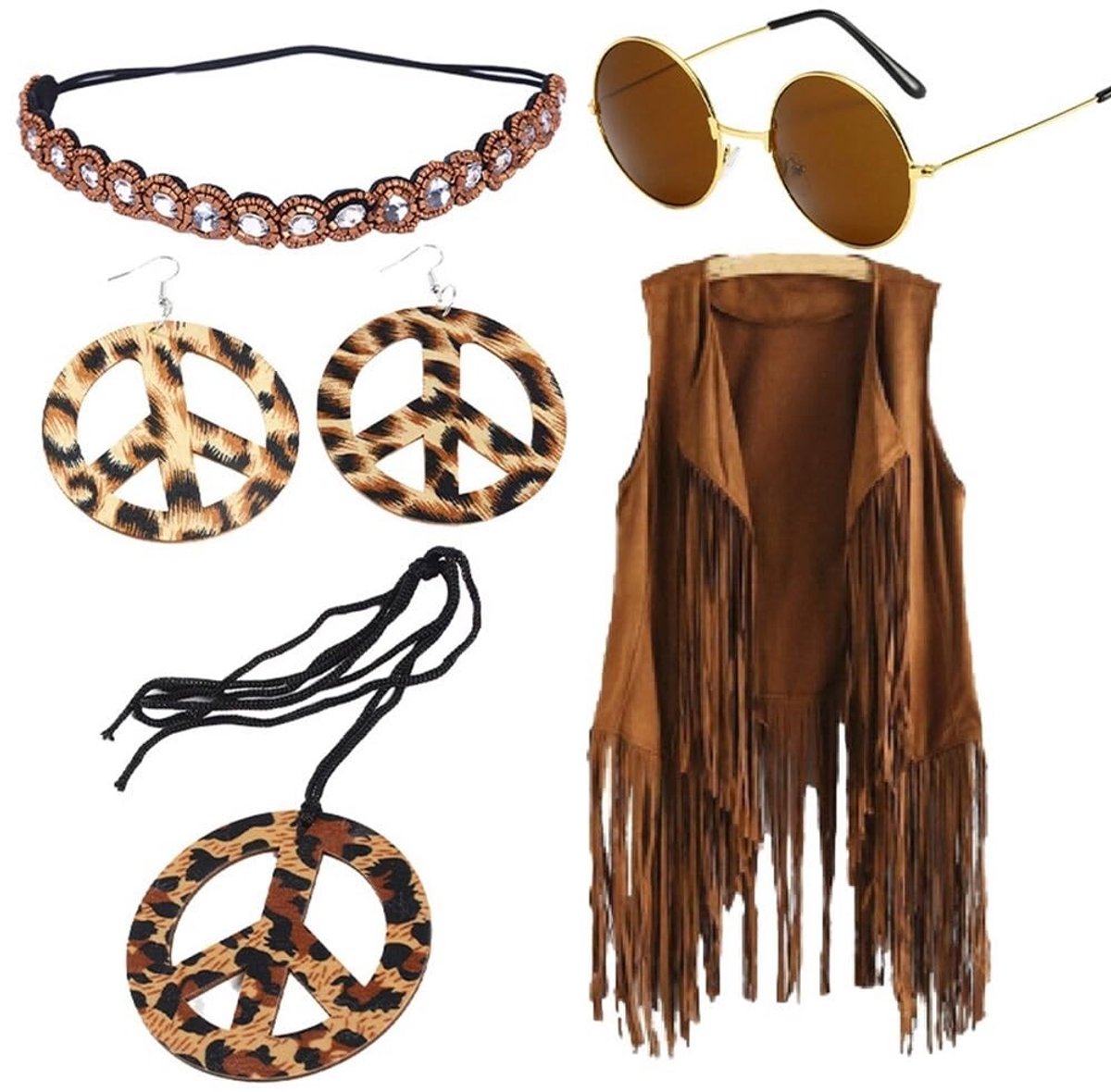 Allecto - Hippie Kostuum Accessoires - 60s 70s Outfit - Bohemian Stijl - Dierenprint - Halloween Kleding - Geschikt voor Volwassenen - M, L, XL, 2
