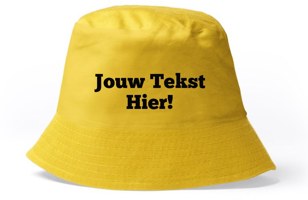 Gele Bucket Hat Gepersonaliseerd met tekst - Bedrukt met jouw tekst - Festival - feest - vissers hoedje