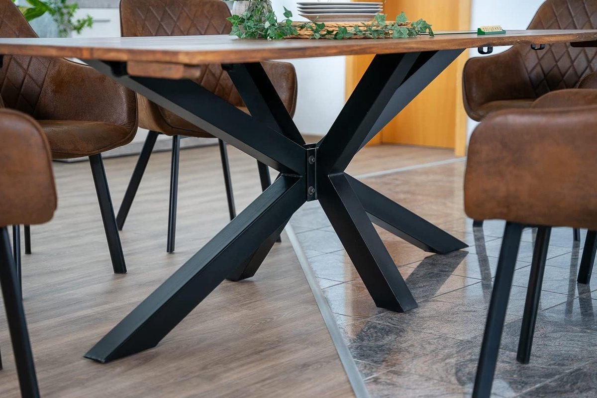 Eettafel Boomrand 140-220 x 90 x 77 cm – Massief Acaciahout Uitschuifbare Tafel met 2 Aansteekplaten en Spider Metalen Frame Zwart – Industriële Boomstam Tafel voor 6-10 Personen – Dader