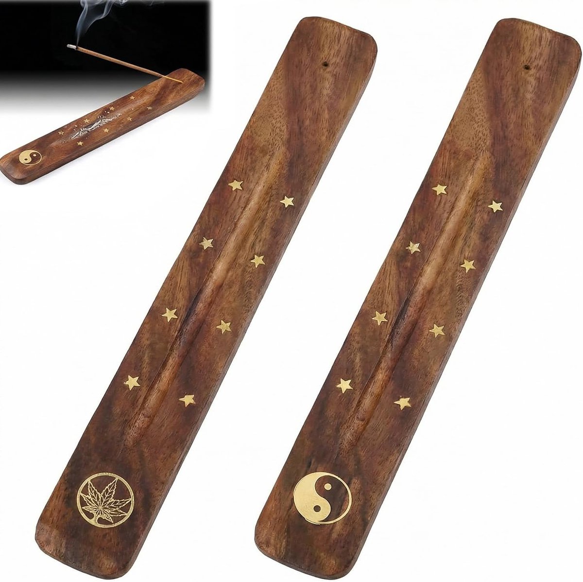 Houten wierookbrander tray set met Bagua diagram en esdoornblad ontwerp voor thuisdecoratie en meditatie, 2 stuks