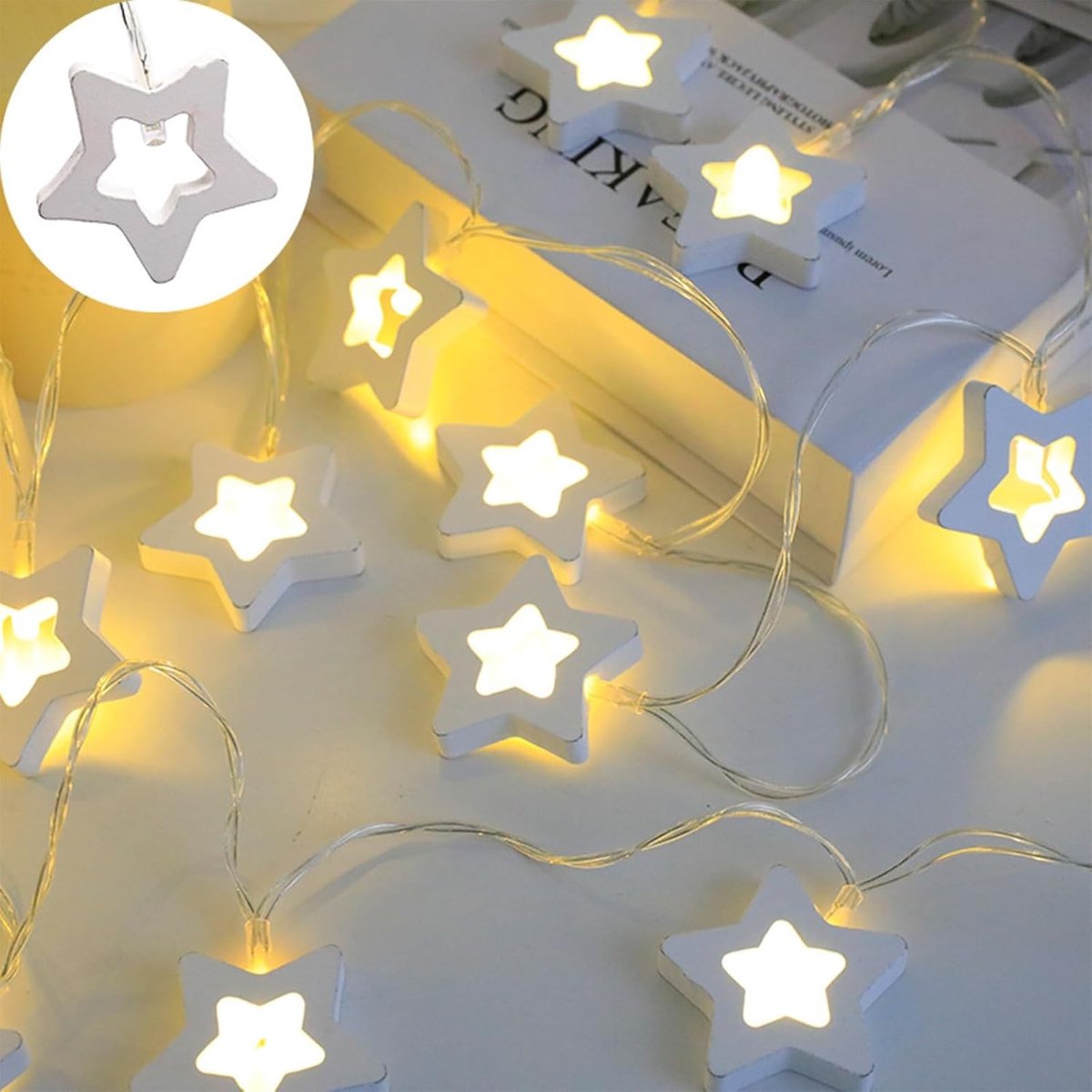 aladdien - Houten Sterren Lichtslinger - Kerstverlichting - LED - Decoratie - Feestverlichting - Binnen - Warm Wit - Sterren - Geschikt voor Binnen ..