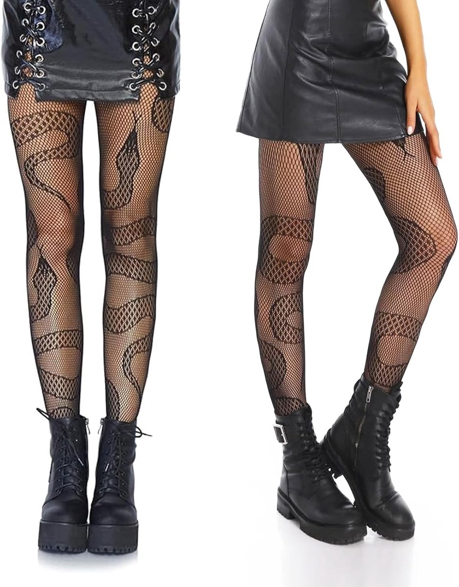 Allecto - Vrouwelijke Fishnet Kousen - Snake Patroon - Sexy Gothic Design - Hoge Fishnet Kousen - Halloween Thema - Geschikt voor Feestjes - Zwart