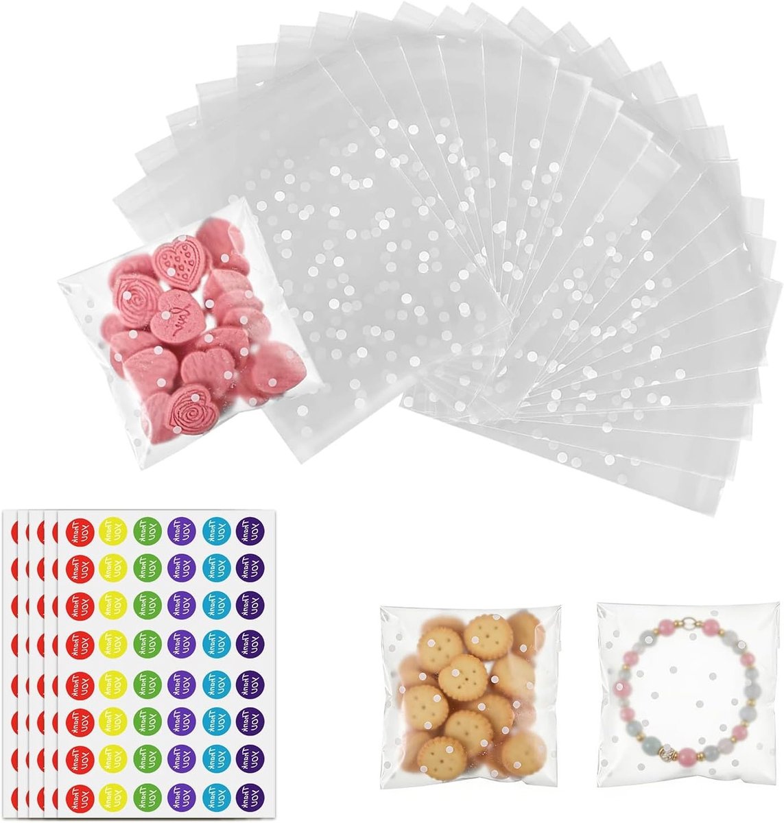Kleine Transparante Cellofaanzakjes, Verpakking van 200 Stuks met 240 Stickers, Perfect voor Snoep, Chocolade en Koekjes, Met Witte Stippen