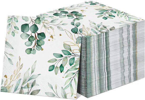 80 stuks groene servetten 33 x 33 cm met eucalyptusbladeren voor feestdecoratie, tafeldecoratie en doopfeesten