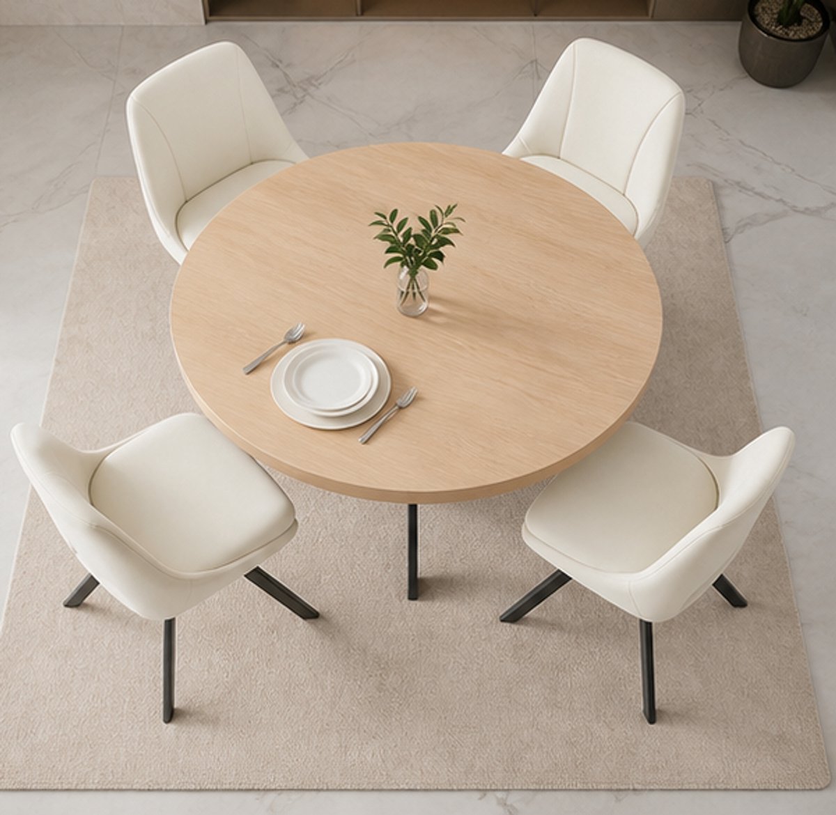 Ronde Eettafel Set 115 cm + 4 Stoelen – Eiken Look Keukentafel met Zwarte Spiderpoten – 4 Personen Eetkamerset – Hittebestendig & Krasbestendig – Modern Boerderij Design Ganeey