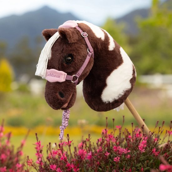 Bruin met witte vlekken hobby horse met roze halster, tussen roze bloemen.