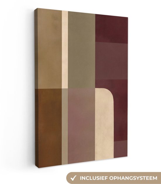 Peinture abstraite avec des blocs bordeaux, marron, beige et vert olive, en gros plan avec le texte "SYSTÈME DE SUSPENSION INCLUS".