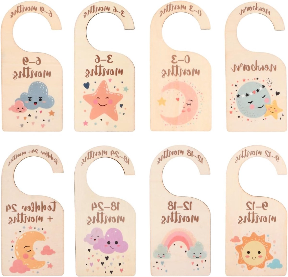 Maatscheiders Babykast - Kledingverdelers Baby - Babykleding Sorteren - Dubbelzijdig Bedrukt - 8 stuks - Houtkleuren