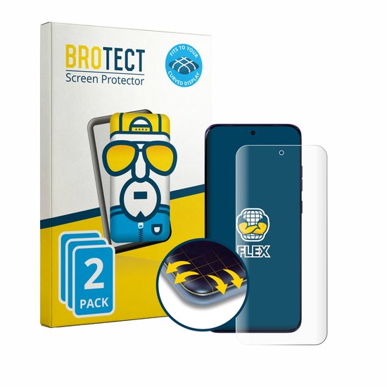 BROTECT Screen Protector verpakking met cartoonfiguur, naast een donkerblauwe telefoon met transparante screenprotector erop.