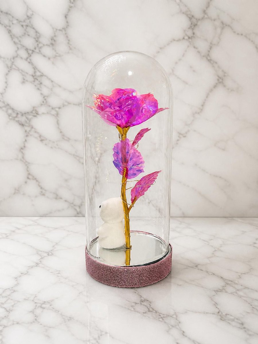 Glazen Stolp met led Roos met knuffelbeer- Romantische Cadeau voor Valentijnsdag, Moederdag, Vrouwendag, Geschenk, Gift,