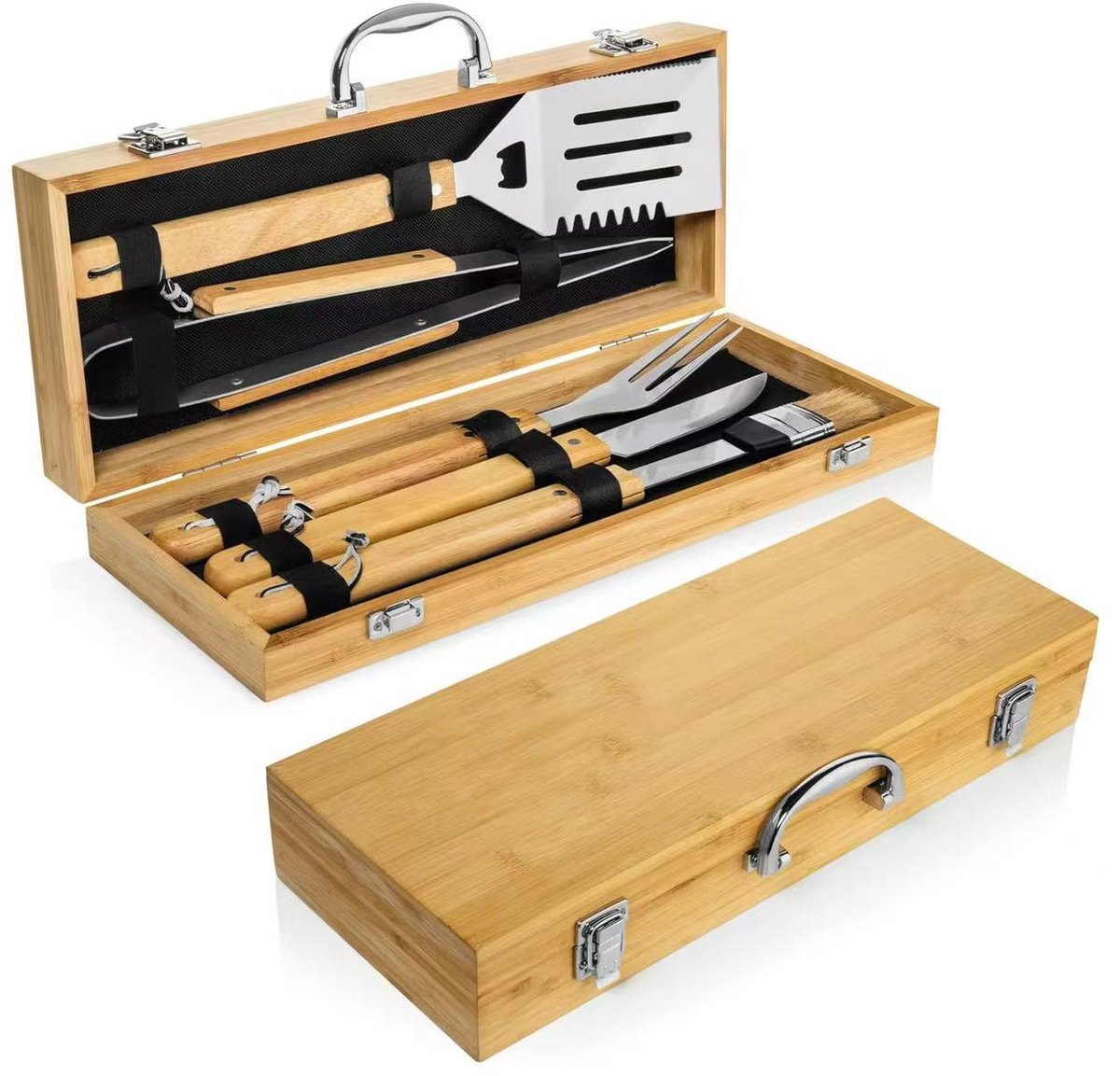 BBQ Set – BBQ Accessoires - BBQ Gereedschap - BBQ tang - Cadeau Set - RVS met Houten Handvat & Opbergkoffer