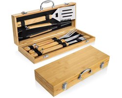 BBQ Set – BBQ Accessoires - BBQ Gereedschap - BBQ tang - Cadeau Set - RVS met Houten Handvat & Opbergkoffer