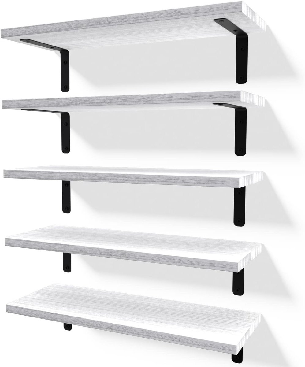 Rustieke zwevende wandplanken van hout, set van 5 voor badkamer, slaapkamer en woonkamer, ideaal voor decoratie en opslag in landelijke stijl