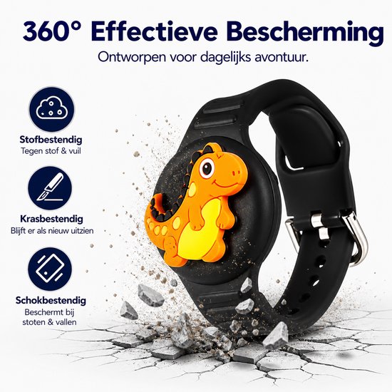 Zwarte armband met een oranje dinosaurus. 360° effectieve bescherming, stof-, kras- en schokbestendig.