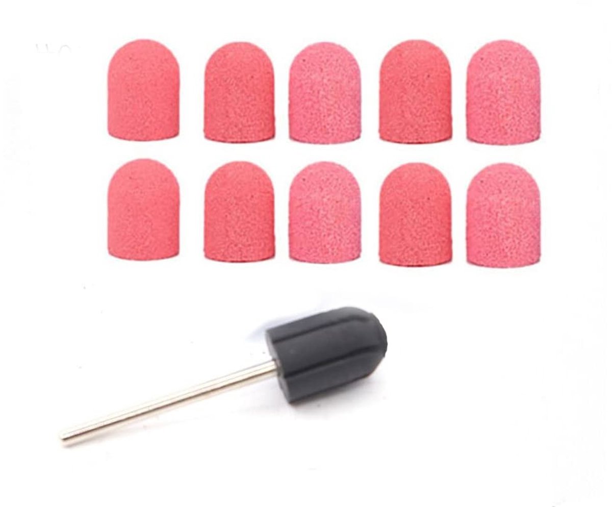 Sanding Belts Caps voor Elektrische Nagelfrees - 1 Mandrel + 10 Schuurcaps voor Manicure en Pedicure, 16mm x 25mm, Roze