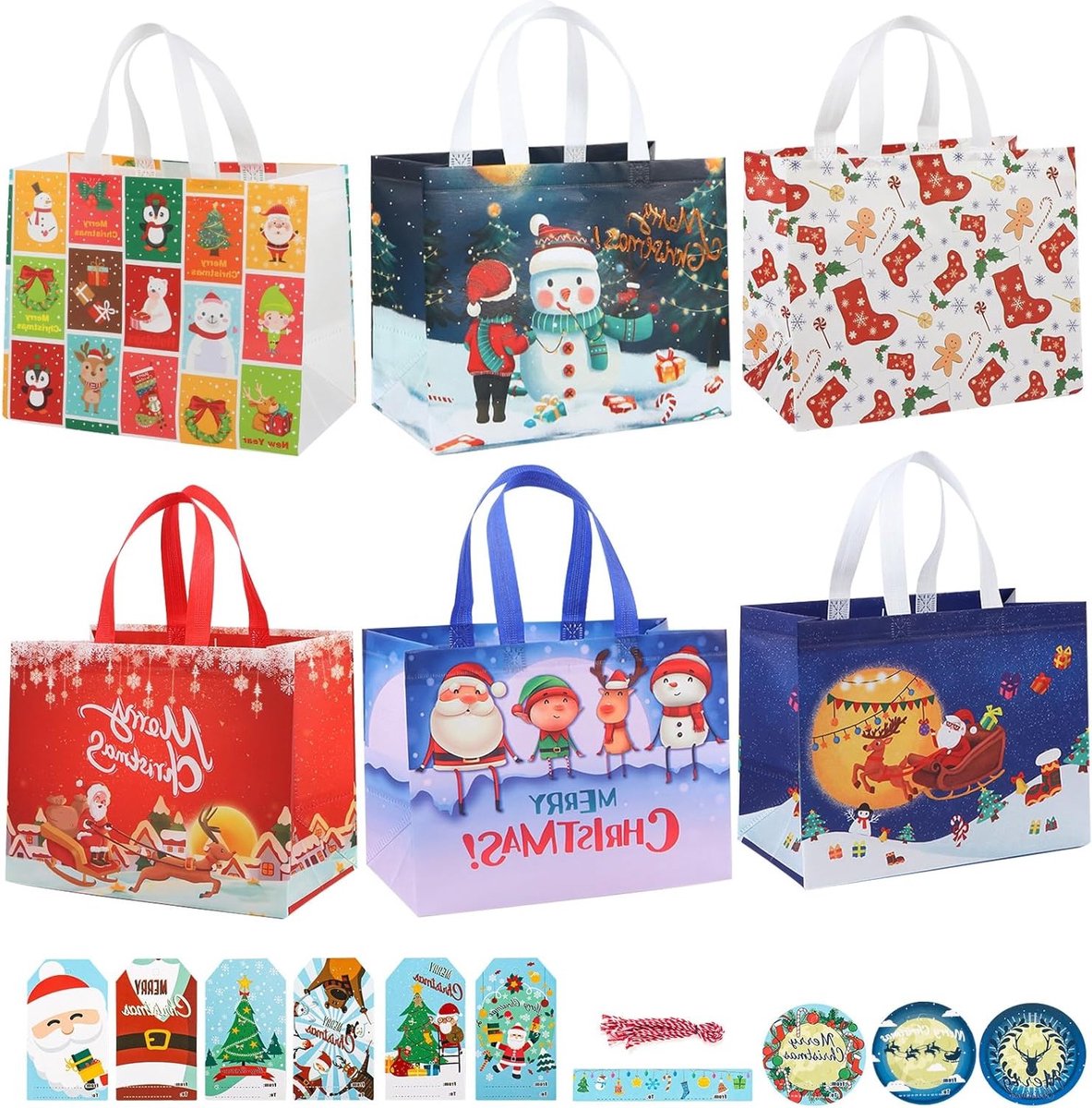 Herbruikbare kersttassen met handgrepen voor boodschappen, kerstdecoratie en traktaties