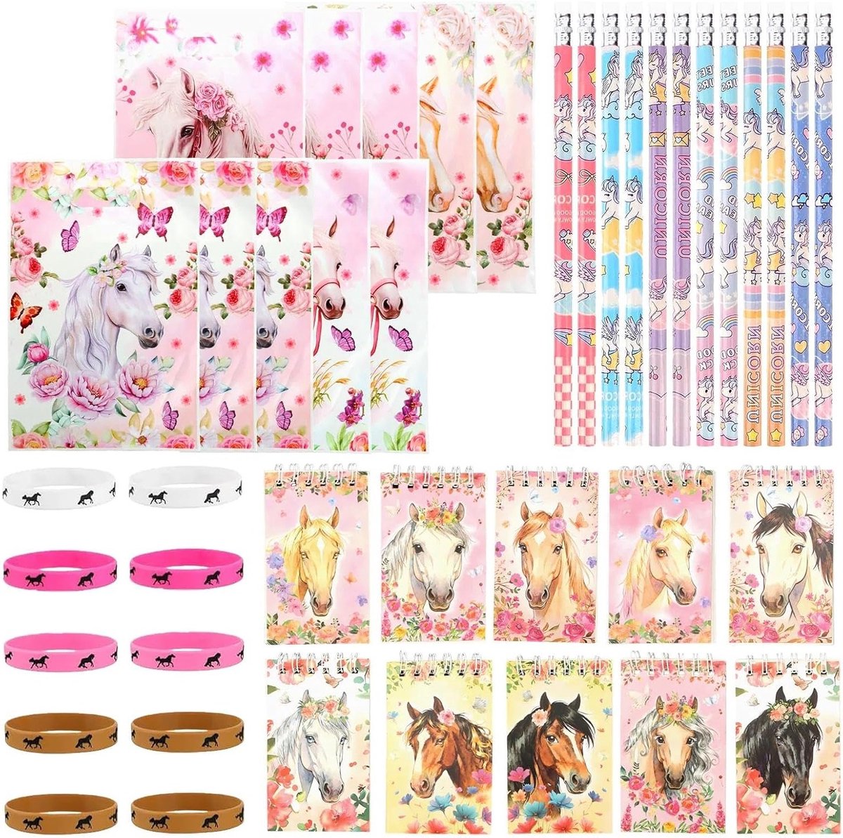 Leuke paardenthemafeestset voor kinderen met notitieboeken, potloden, geschenkzakjes en armbanden voor verjaardagsfeestjes