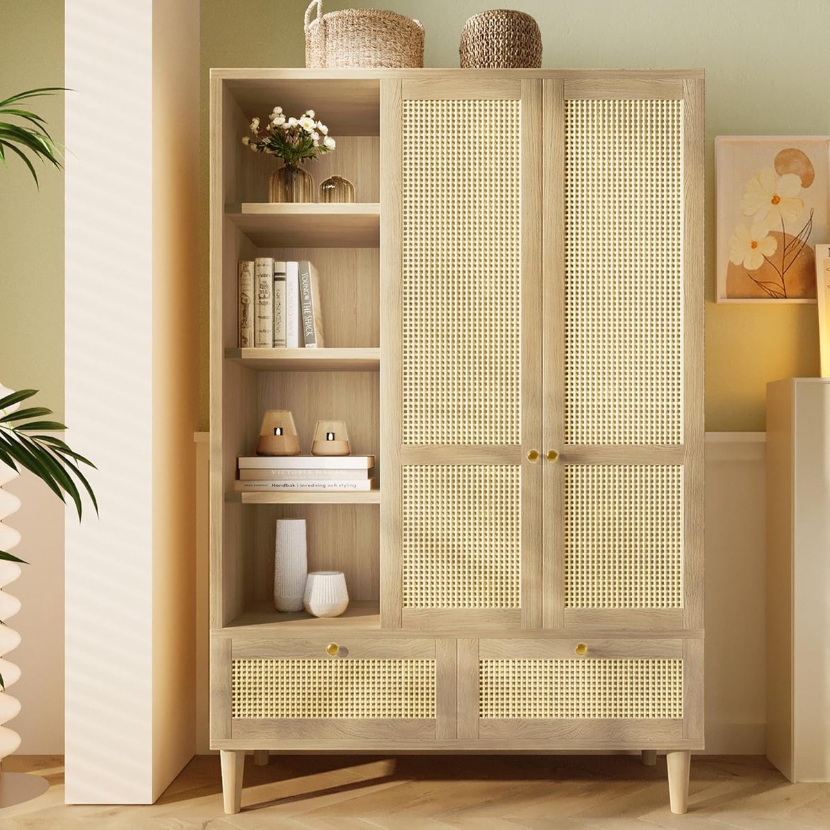 Wardrobe with 2 doors and rattan wicker in country house style oak look, open shelf, shelves, coat hanger, 2 drawers, tilt protection (180 x 120 x 50 cm)