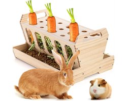 Houten Voederstation voor Konijnen - Grote Capaciteit Automatische Hooi- en Wortelvoedering voor Konijnen, Cavia's en Chinchilla's, 30 x 22 x 18 cm