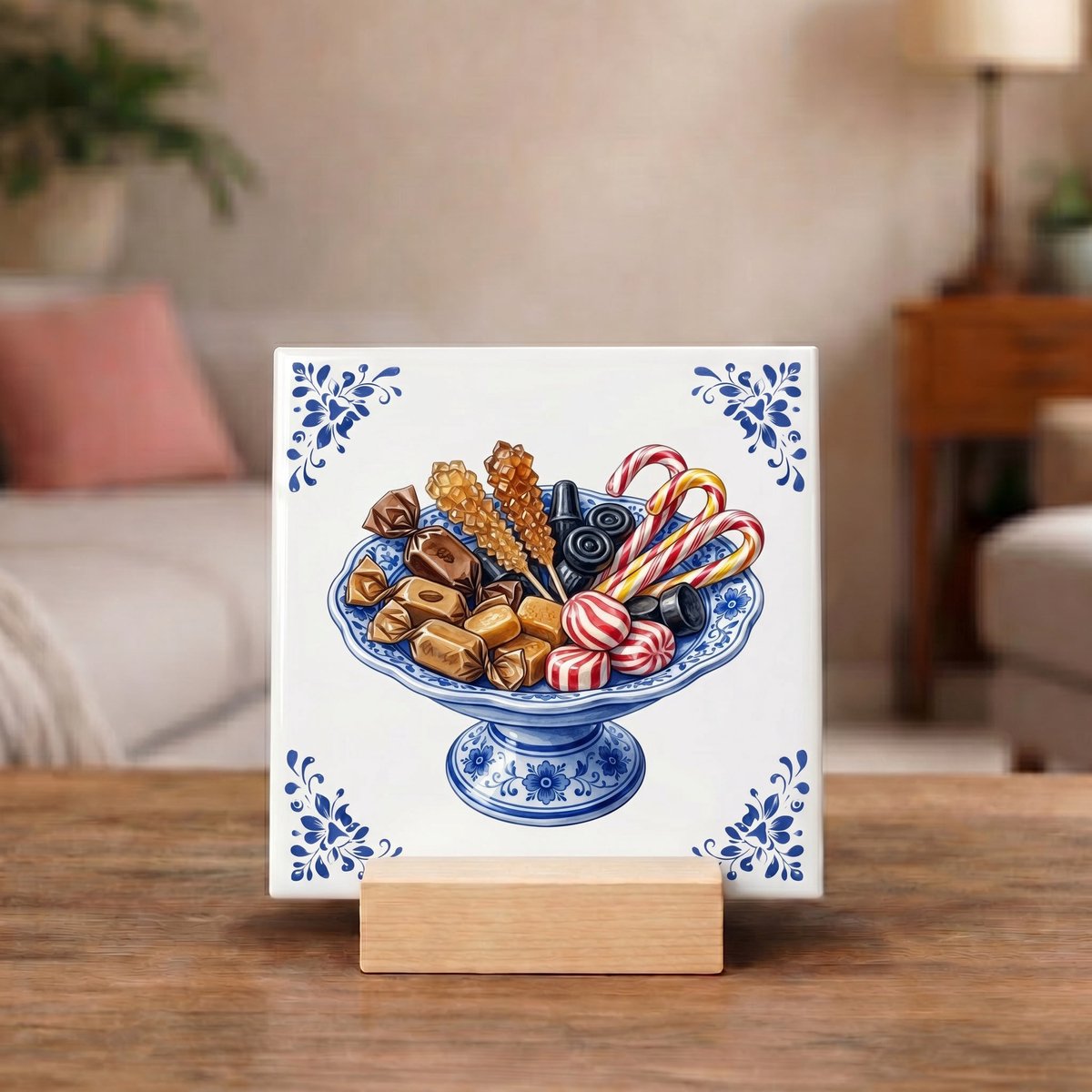 Bedruk King Delftsblauw Tegeltje 11x11 Snoepjes op Schaal – Keuken Decoratie Cadeau Snoepgoed
