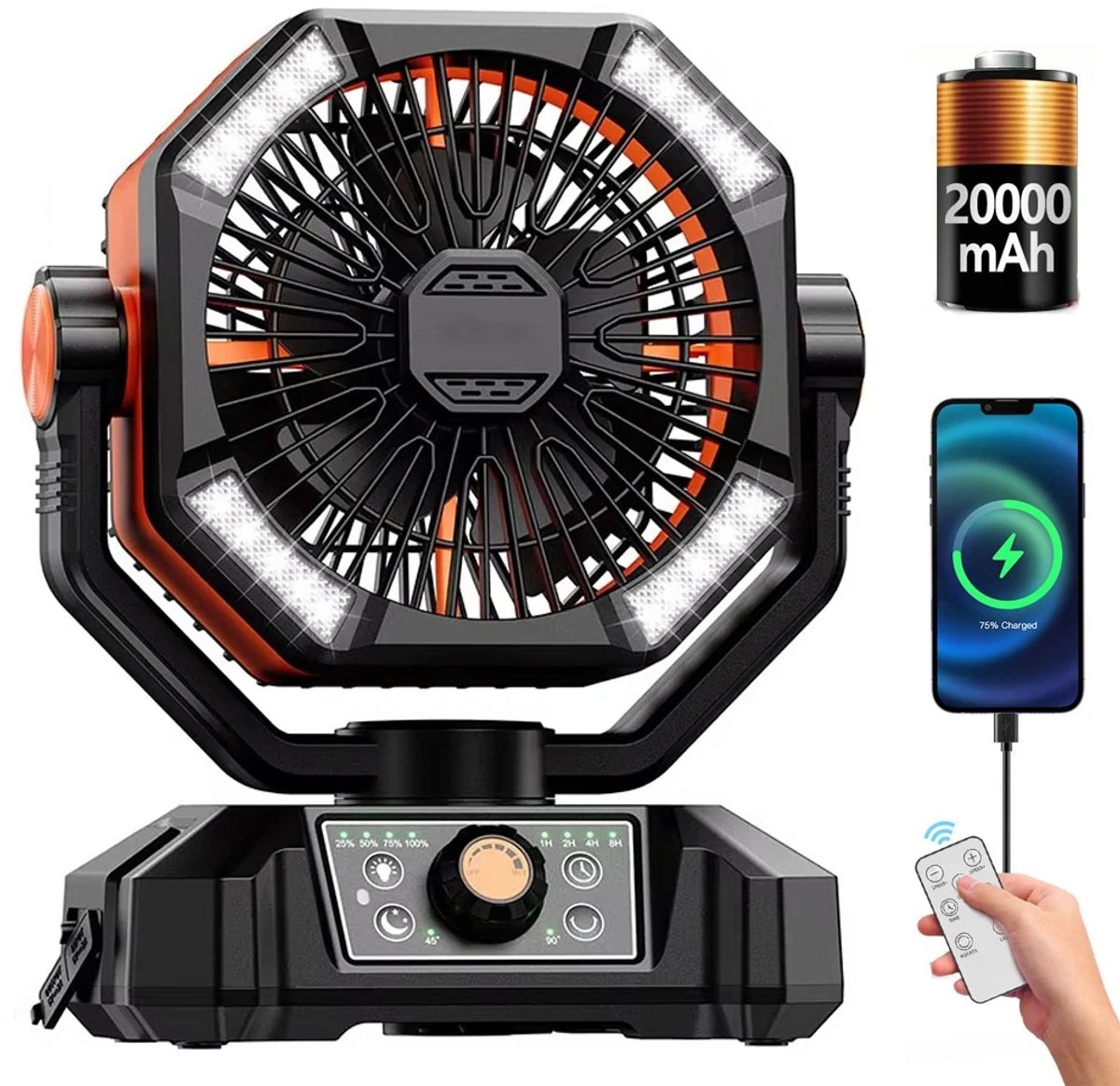 DIMICO - Draagbare Camping Ventilator - Handventilator - Portable Clip Fan - Dubbele Motor - Oplaadbaar - 20000mAh - 5 Standen - LED