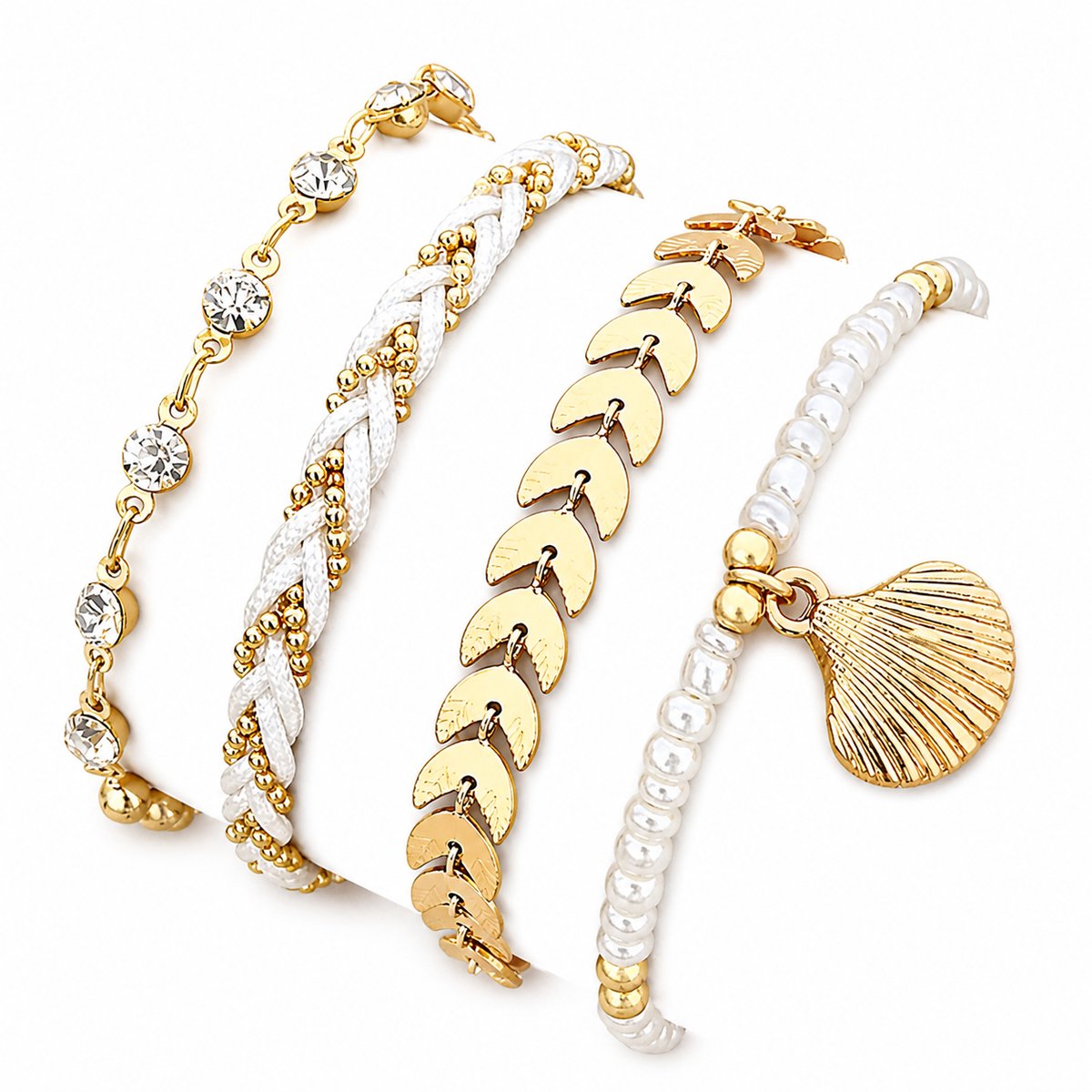 Armbandenset Dames – 4 Stuks – Wit Goud – Schelp Bedel – Zomer Armbanden – Elastisch & Verstelbaar