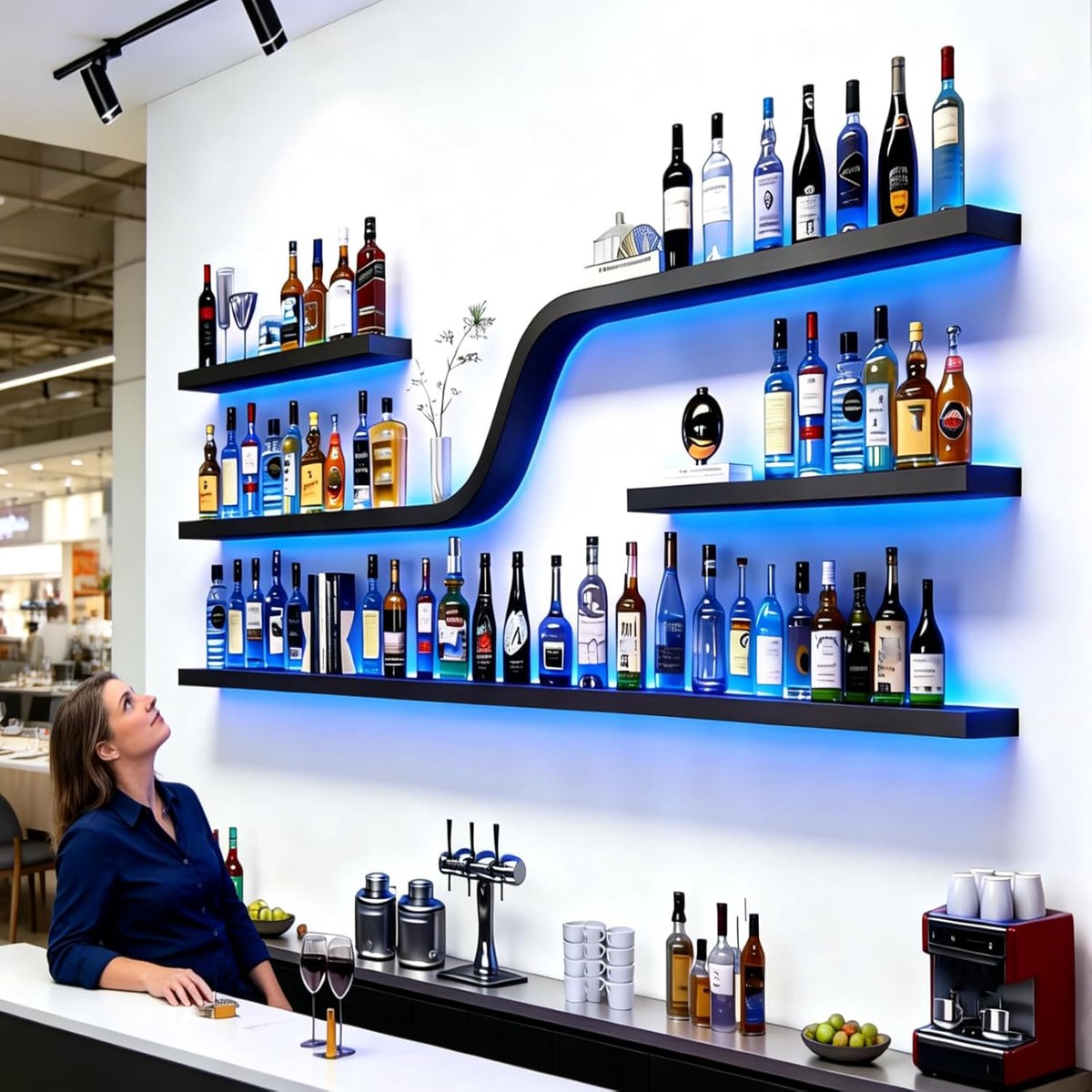 Wandgemonteerd wijnrek met glazenhouder 200 x 20 x 80 cm – 4-laags industrieel smeedijzeren wand wijnrek voor 40 flessen – ruimtebesparende bar & keuken wijnopslag – zwart – HomebyNicole