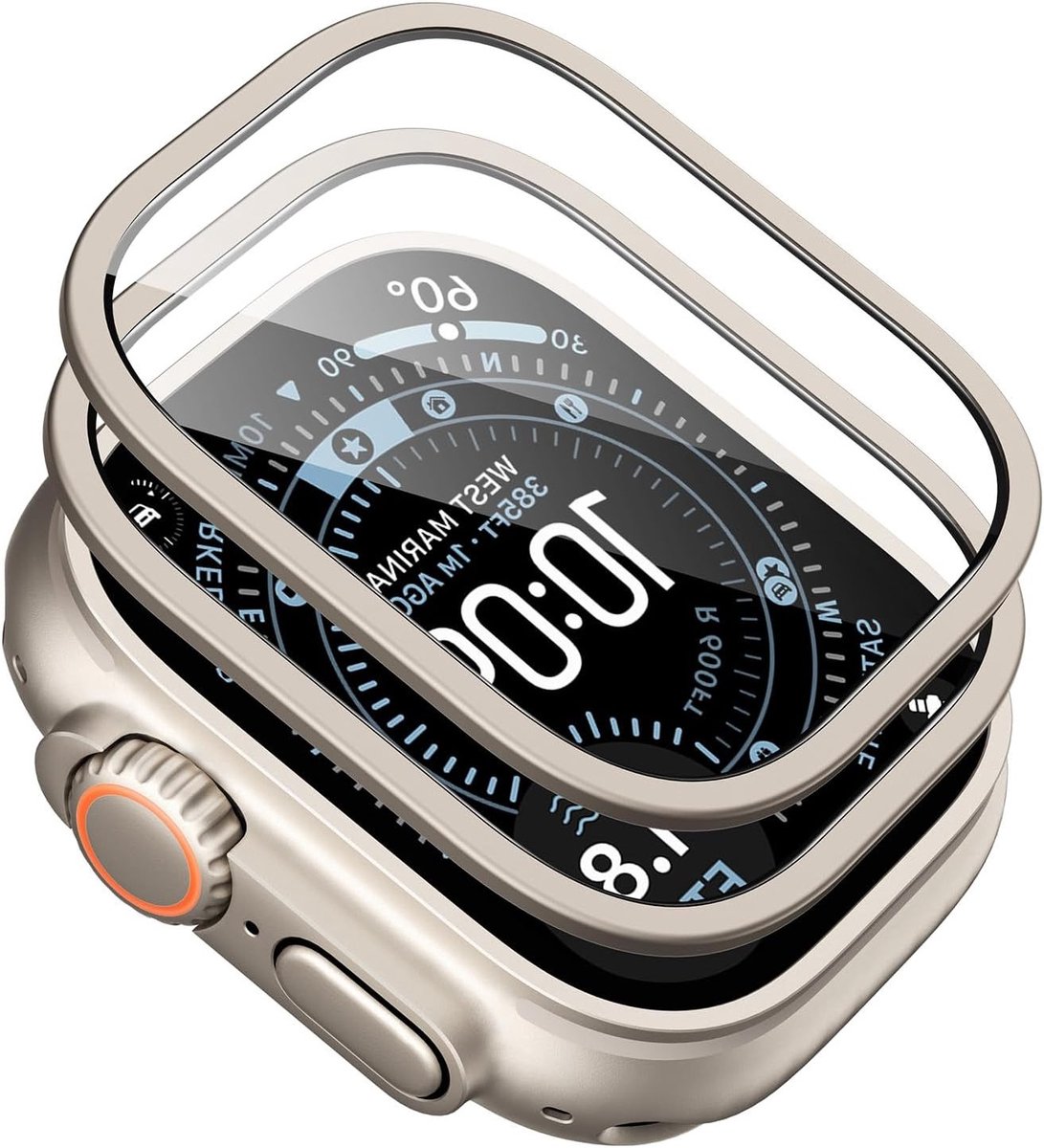 Set van 2 gehard glazen schermbeschermers voor Apple Watch Ultra 3/2/1, 49 mm, krasbestendig, militaire bescherming, aluminium frame