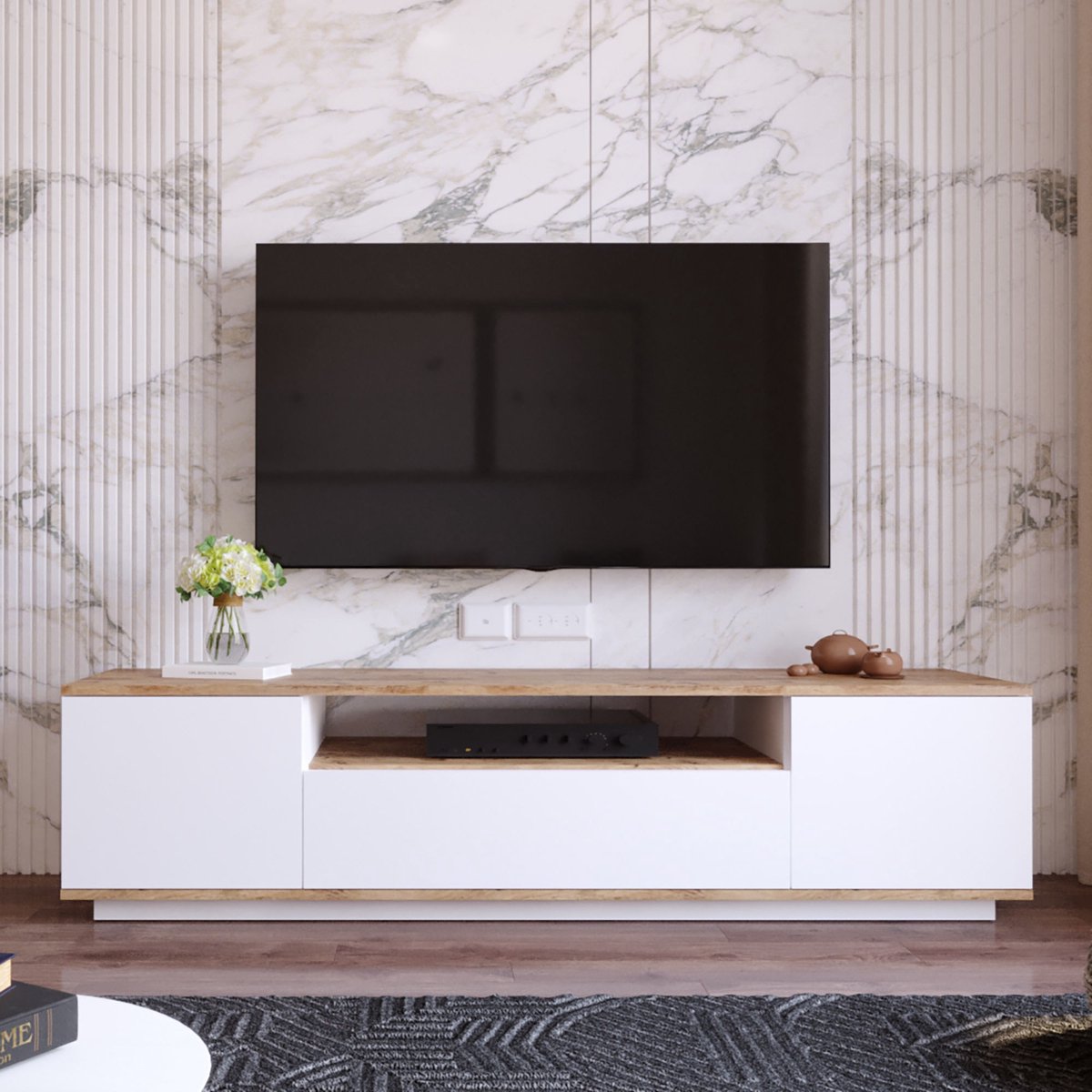 Skye Decor TV meubel wit met hout - eiken & wit - 180x44,6x44,5cm - tv meubel hout - tv meubel wit