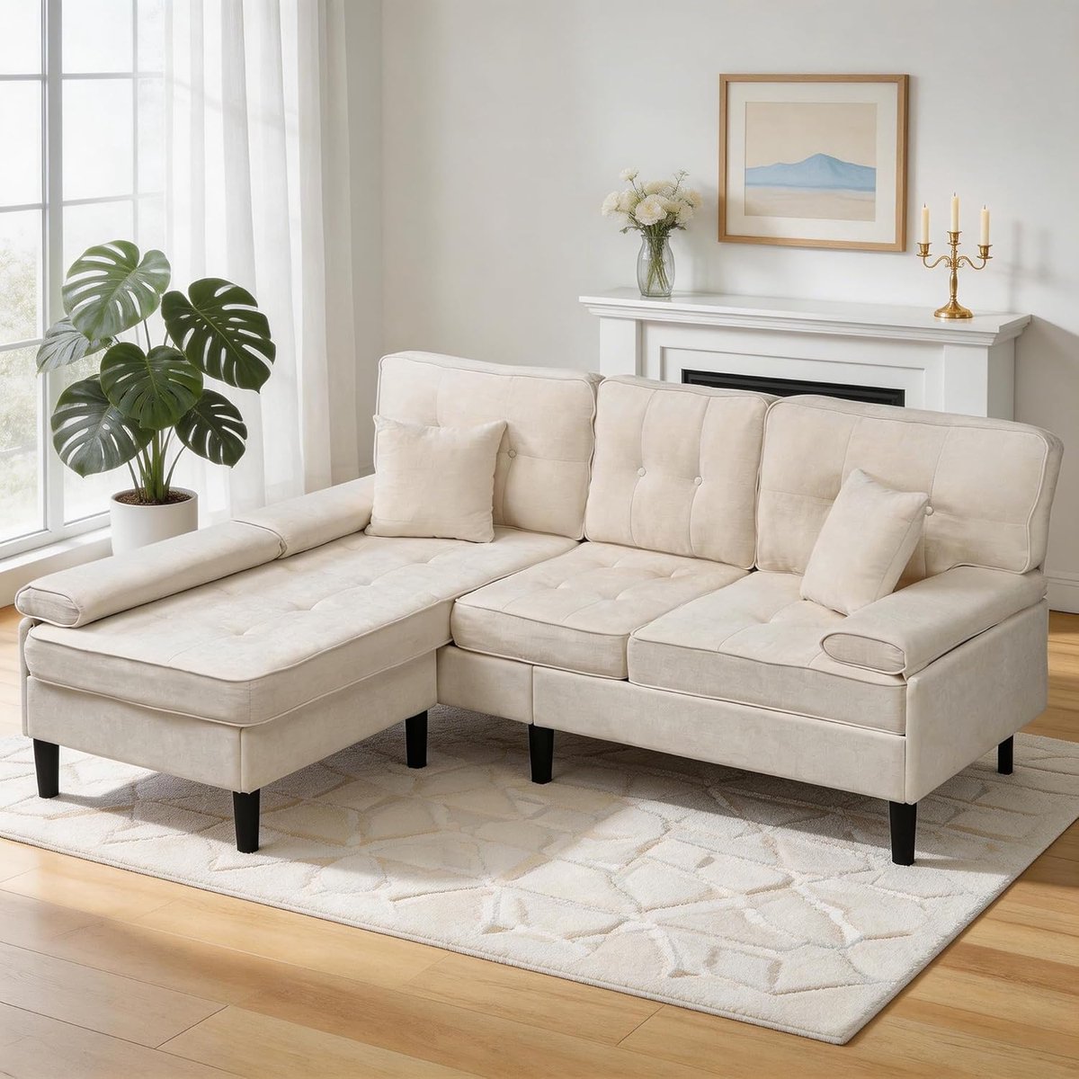 Luxe Modulaire L-Vormige Hoekbank met Slaapfunctie & Verplaatsbare Poef – 3-Zits Chenille Slaapbank voor Kleine Ruimtes, Omkeerbare Chaise Longue, 195 x 149 x 86 cm, Lichtbeige