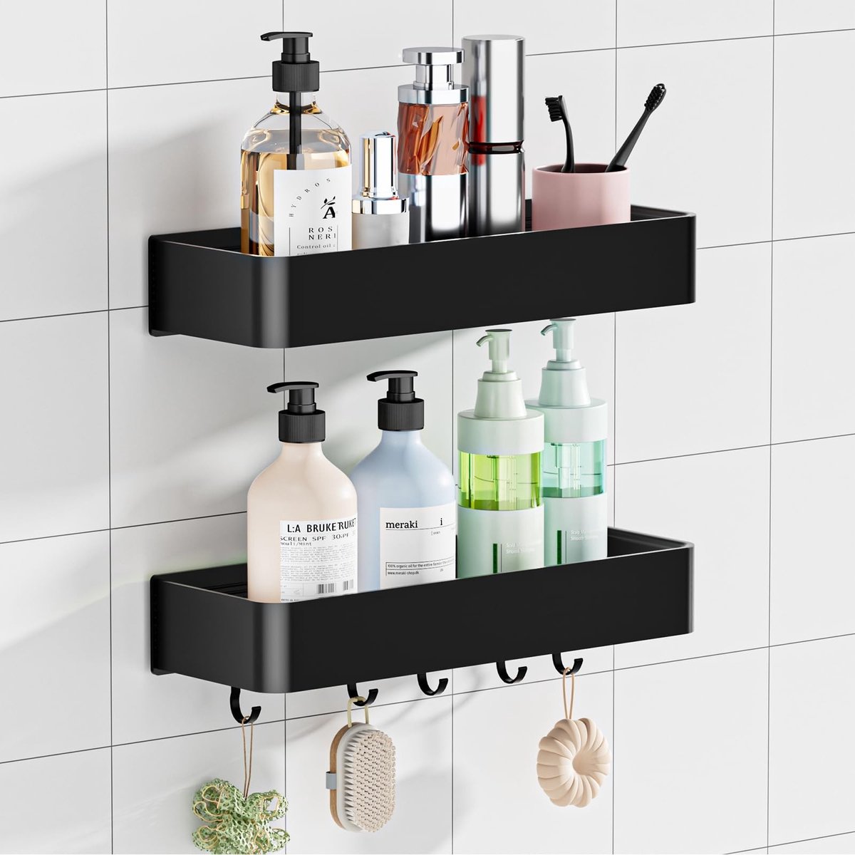 Allecto - Doucheplank - Wandrek zonder boren - 2 Stuks - Zwart - Badkamer Organizer - Shampoo Houder - Perfect voor in de douche
