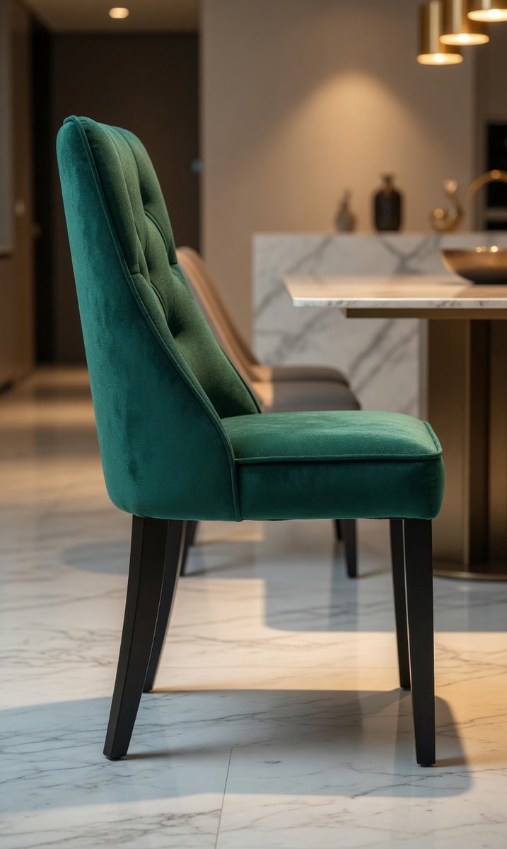 Groene Fluwelen Eetkamerstoel – Structuur Van Zwart Hout – Stevige Rugleuning – Moderne Ac