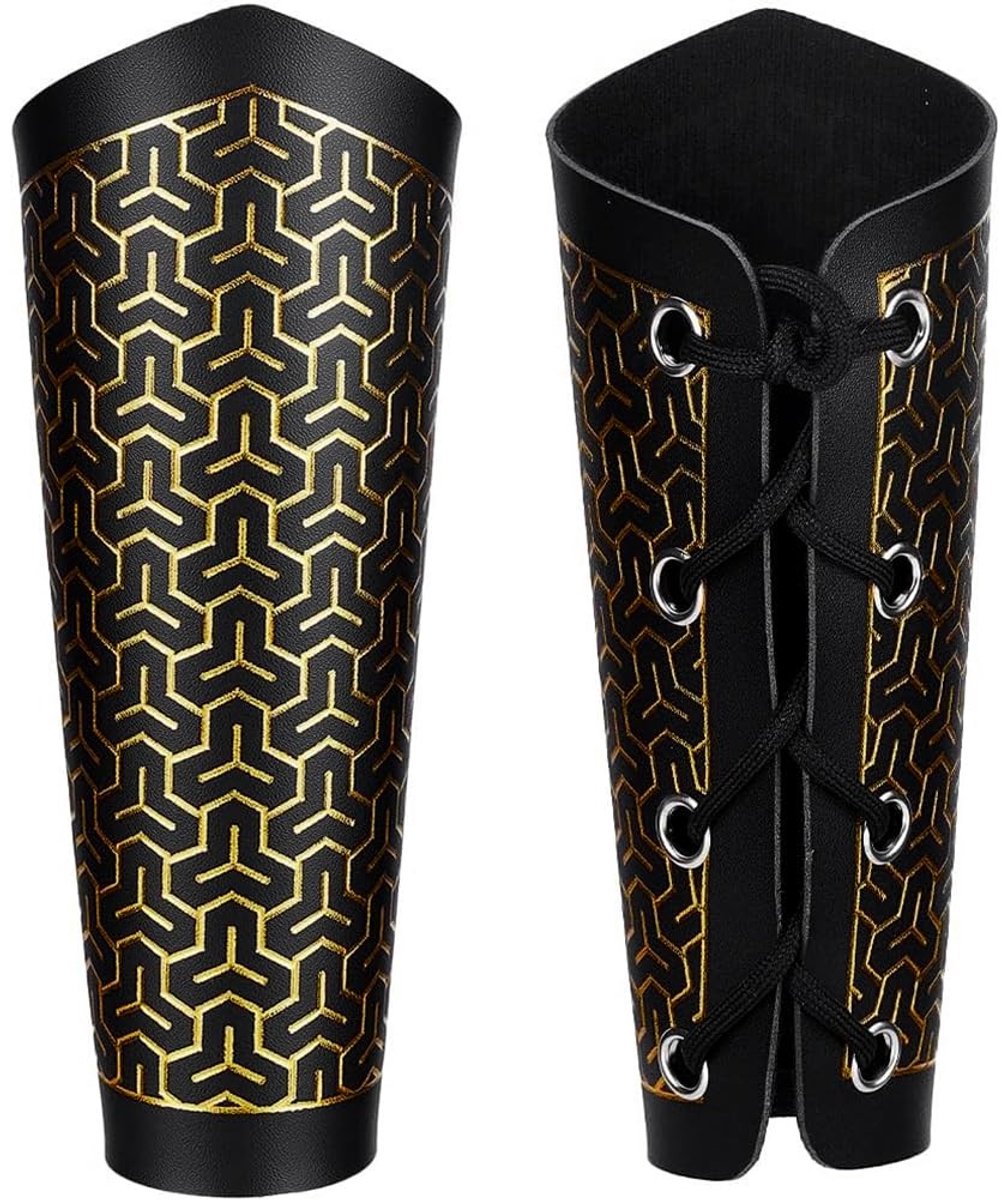 ONF3 - Lederen Middeleeuwse Handschoenen - Cosplay Bracers - Verstelbare Arm Armor - Zwart Goud - Retro Gothic - 2 Stuks