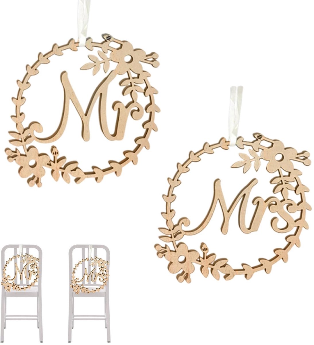 Allecto - Mr Mrs stoel decor bord hout - Mr en Mrs deco - Robuust en duurzaam - Originele houtkleur - Bruiloft decoratie - Verlovingsfeest decor - ...