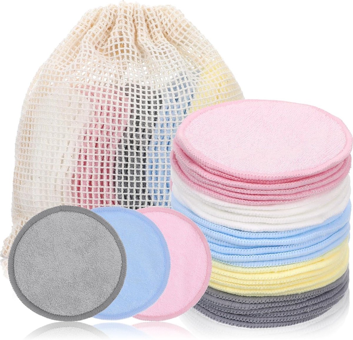 Herbruikbare Make-up Pads van Katoen met Opbergzak voor Gezichtsreiniging en Huidverzorging, Geschikt voor Alle Huidtypes, 30 Stuks in 5 Kleuren