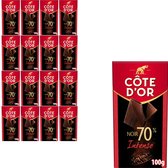 Dertien repen Côte d'Or 70% Intense naast een grote doos met dezelfde chocolade.