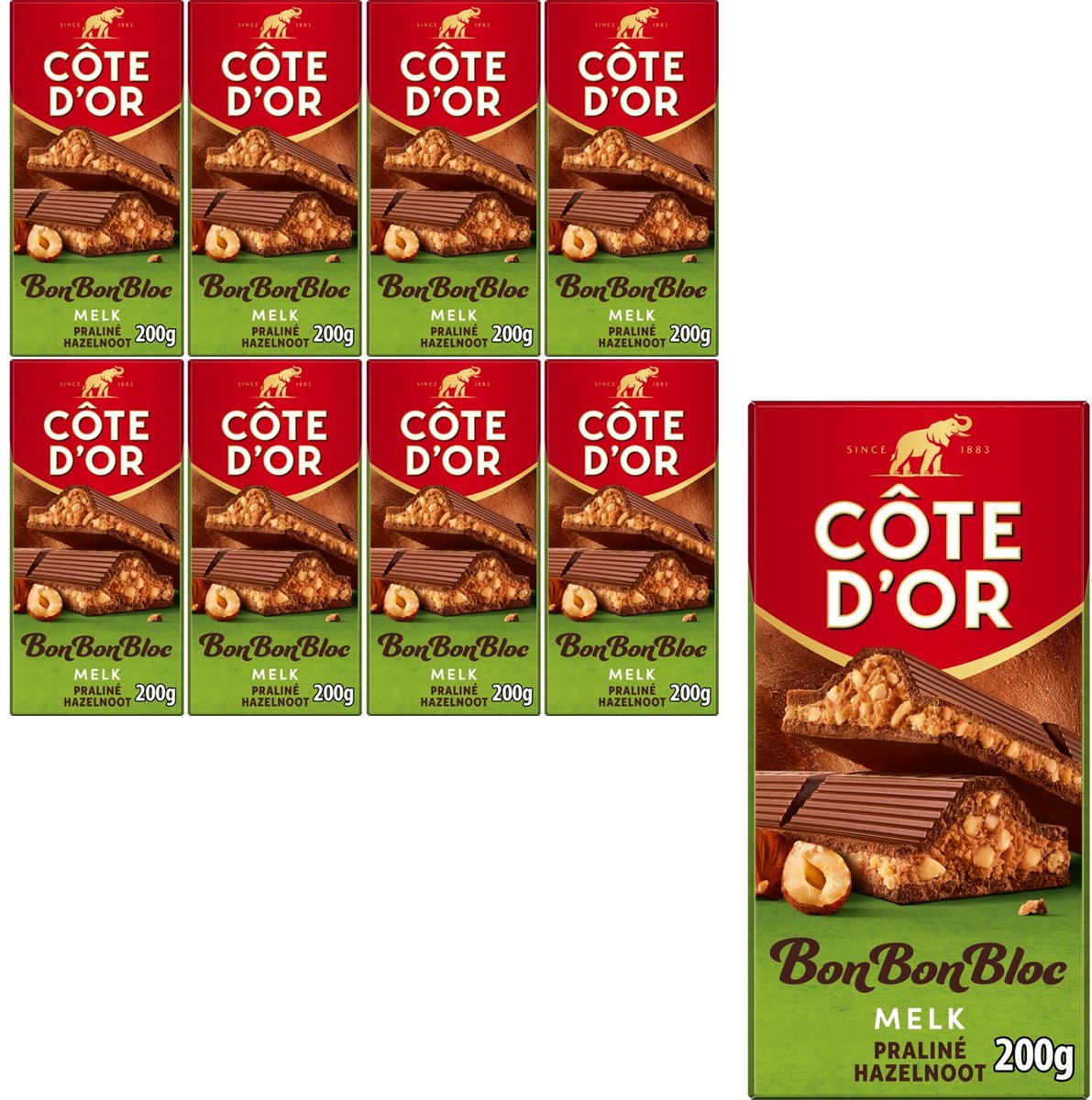 Côte d'Or BonBonBloc Chocoladereep Melk Praliné Hazelnoot 8 x 200g - Chocoladerepen en Tabletten - Chocolade voor bij de Koffie - Voorraad - Verjaardag Cadeau Vrouw of Man - Geschenkset voor Man en Vrouw
