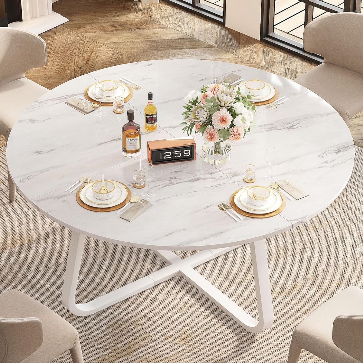 Ronde Eettafel 130 cm – Industriële Keukentafel voor 4-6 Personen – Wit Houtlook met Metalen Frame – Moderne Eetkamertafel – Dader